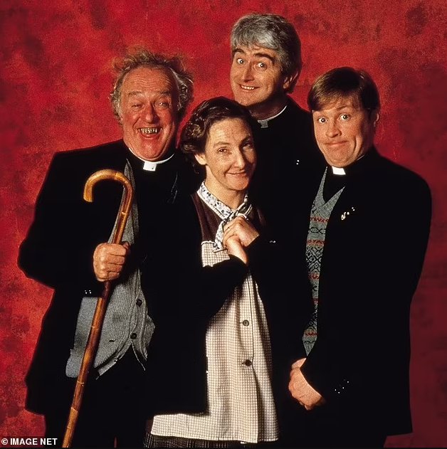 Dermot Morgan as Father Ted Crilly, Ardal O'Hanlon as Father Dougal McGuire, Frank Kelly as Father Jack Hackett, and Pauline McLynn as Mrs Doyle in Father Ted