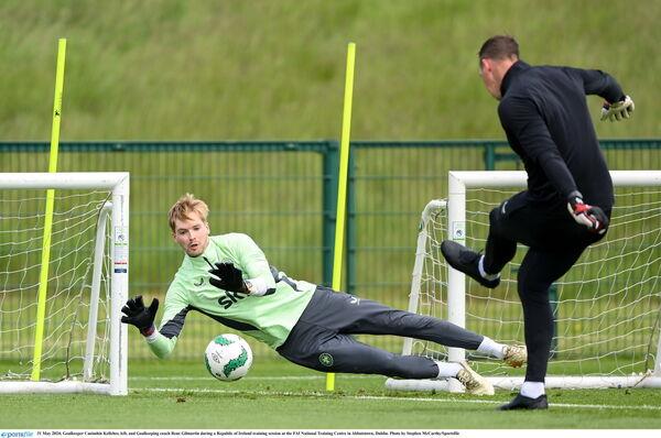 Goalkeeper Caoimhin Kelleher, left, and Goalkeeping coach Rene Gilmartin during a Republic of Ireland training session at the FAI National Training Centre in Abbotstown. Picture: Stephen McCarthy/Sportsfile