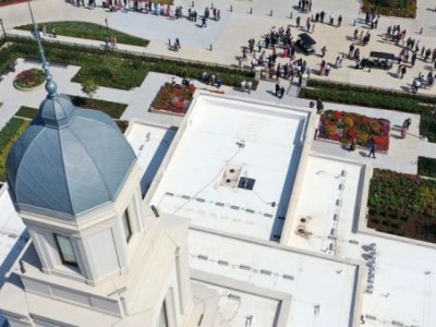 Elder Quentin L. Cook and Sister Mary Cook leave the second temple dedication ceremony of the Moses Lake Washington Temple.