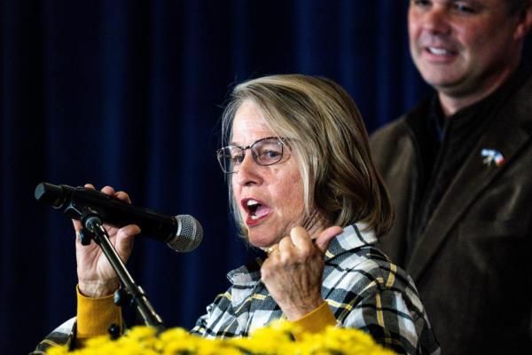 Rep. Mariannette Miller-Meeks speaks during Gov. Kim Reynolds Harvest Festival at the Elwell Family Food Center at the Iowa State Fairgrounds on Saturday, October 14, 2023 in Des Moines.