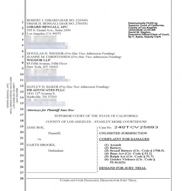 The court documents where Garth Brooks was accused of rape, filed on October 3