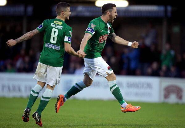 FAMILIAR SURROUNDINGS; Cork City goalscorer Billy Dennehy celebrates alongside Gavan Holohan in 2015. Pic: Morgan Treacy, Inpho