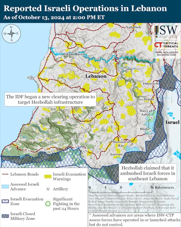 2024年10月13日，ISW地图显示以色列在黎巴嫩南部的地面进攻情况。