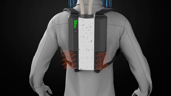 An animation screenshot shows a simulated worker wearing a hardhat connected by two air tubes to a backpack that houses the device's cold plasma module. Air is shown flowing downward from the brim of the hat.