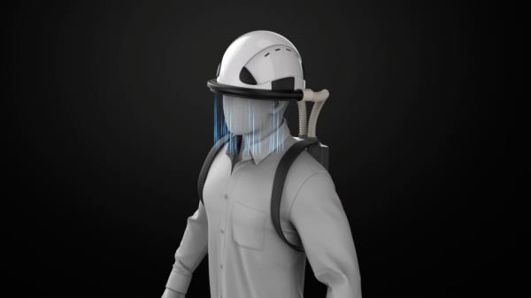 An animation screenshot shows a simulated worker wearing a hardhat connected by two air tubes to a backpack that houses the device's cold plasma module. Air is shown flowing downward from the brim of the hat.