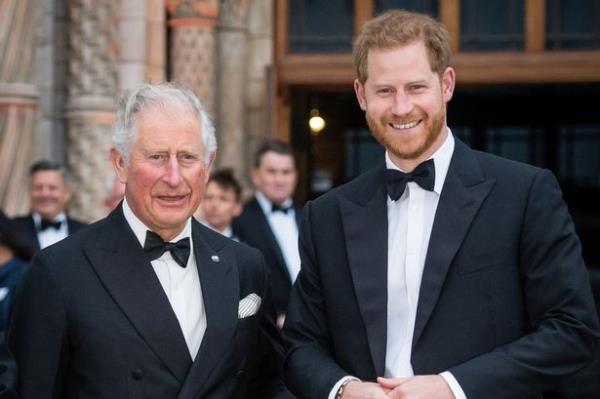 Prince Harry with King Charles both smiling at a public event