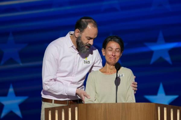 Rachel Goldberg-Polin was overcome with emotion before she and Jon Polin spoke about their son during the third day of the DNC.