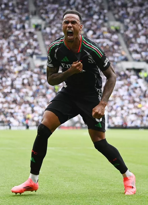 Gabriel of Arsenal celebrates scoring his team's first goal during the Premier League match between Tottenham Hotspur FC and Arsenal FC at Tottenham Hotspur Stadium on September 15, 2024 in London, England.