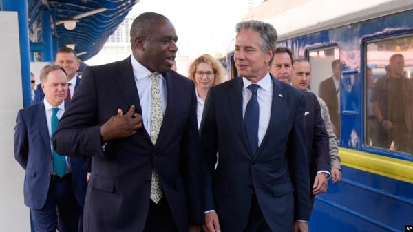 U.S. Secretary of State Antony Blinken and British Foreign Secretary David Lammy arrive at the train station in Kyiv, Ukraine, Sept. 11, 2024. 